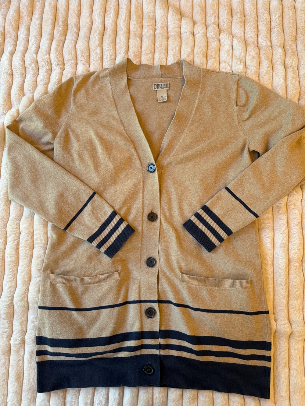 Duluth Trading Company extra long Camel Knit Button Cardigan with Navy Stripe